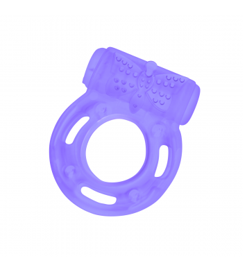 Outro modelo de anel peniano na cor lilás, com desenho de borboleta em cima e texturas para estimular