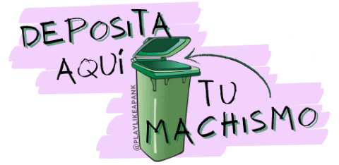 Seta apontando para dentro da lata de lixo verde com a frase "Deposite aqui seu machismo"