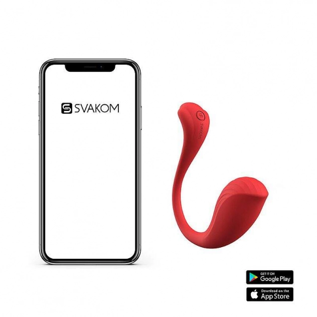 Vibrador vermelho em formato de U, ao lado de um celular, mostrando que ele pode ser controlado via aplicativo 