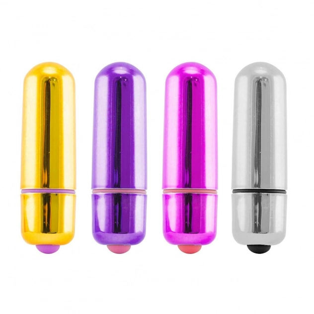 Vibradores bullet, pequenos e coloridos, nas cores amarelo, roxo, rosa e prata 
