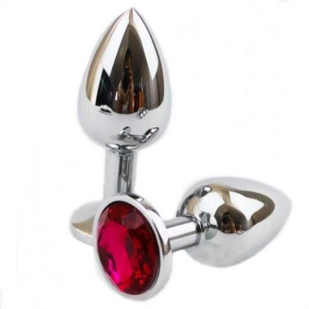 Plug anal prata com pedra vermelha na ponta, para sexo anal 
