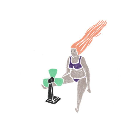 Desenho de uma mulher sentada no chão de sutiã e calcinha com um ventilador na frente jogando ar no seu rosto