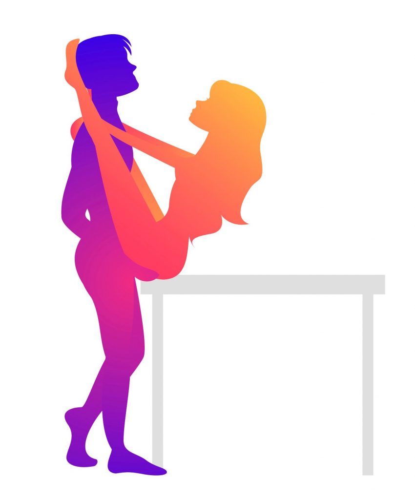 Posição do Kama Sutra - desenho de uma mulher sentada em cima da mesa com as pernas pra cima e homem em pé