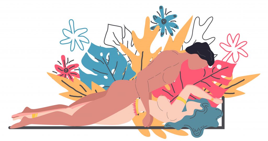 Posição do Kama Sutra - Desenho de uma mulher deitada na cama com homem deitado em cima dela, segurando sua cintura