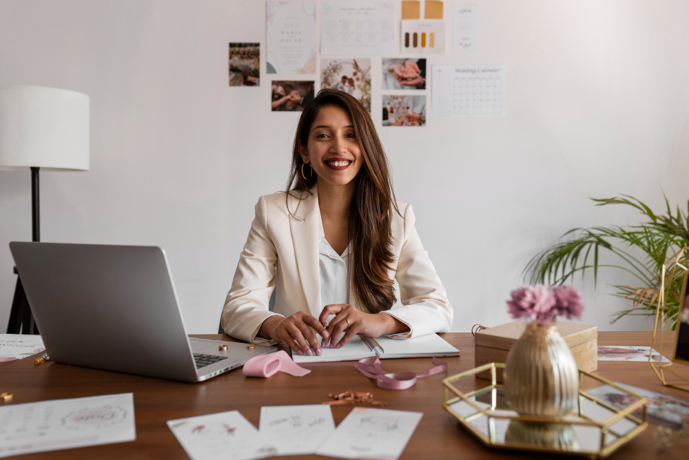 mulher com roupa social sentada em uma mesa de trabalho, com notebook e anotações em papel, empreendendo na revenda de produtos eróticos